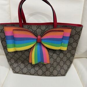 Gucci Brown Tote with Rainbow Bow